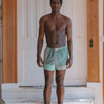 Man standing on a staircase wearing green boxer briefs in a home setting.