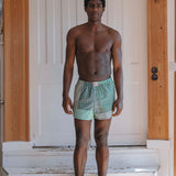 Man standing on a staircase wearing green boxer briefs in a home setting.